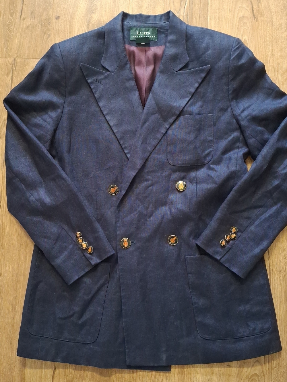 Vtg Lauren Ralph Lauren navy blue linen double-breasted blazer Women Sz 8 Korea